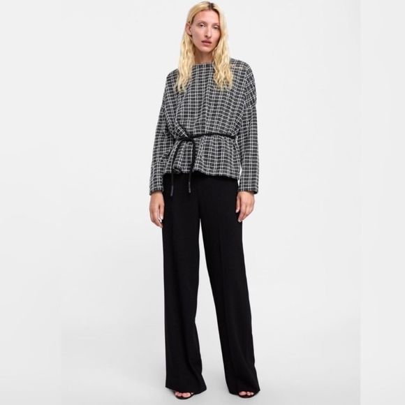 Zara Windowpane Grid Black White Sweater Small - Picture 1 of 8